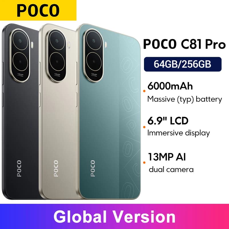 Global Version POCO C81 Pro smartphone UNISOC T7250 processor 6.9" LCD display 13MP main camera 6000mAh NFC 3.5mm headphone