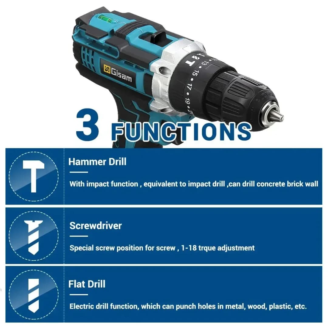 Gisam Battery Impact Screwdriver Multifunctional Cordless Drill Power Tool 25+3 Torque Setting 2 Gear Speed Electric Screwdriver - 3