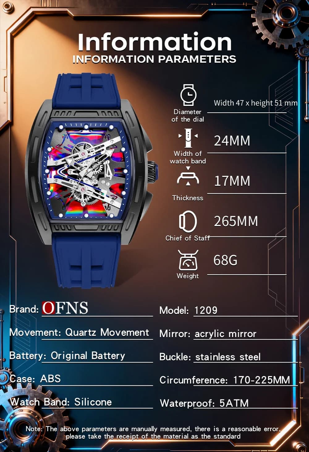 ساعة يد رياضية مقاومة للماء للرجال من OFNS1209، ساعة كوارتز فاخرة بحزام سيليكون وتصميم مجوف، ريلوجيو ماسكولينو - 4