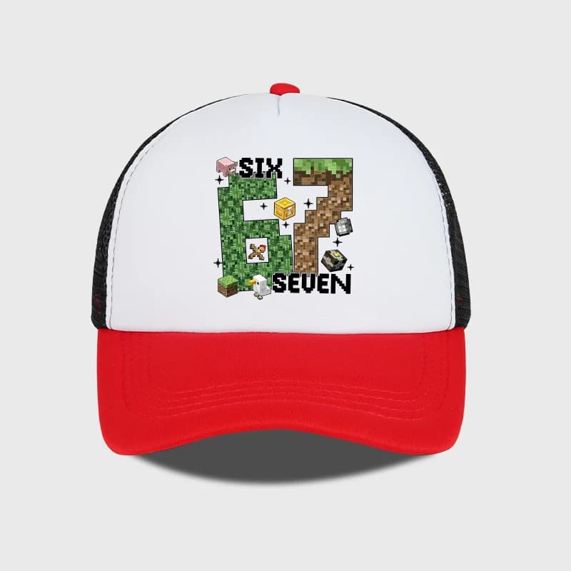 Gamer Pixel 67 Six Seven Sponge Mesh Cap - Breathable Mesh Adjustable Baseball Cap - Gift for Gaming Fans - Sun Protection Cap - 4