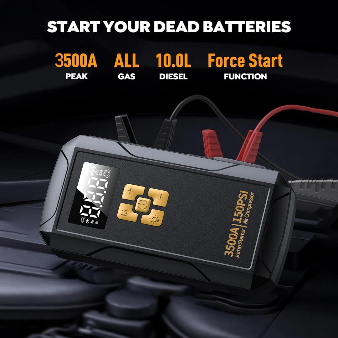 Jump Starter with Air Compressor 3500A Jump Starter 150PSI Air Pump Multifunctional Tire Inflator Power Bank Lighting for Car - 2