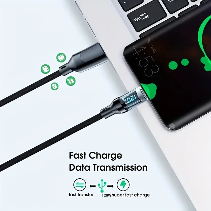 100W 120W USB C Cable Fast Charging Cord with LED Display, USB A to C & C to C Charger Cable High Speed Type C Cable for Phone - 4