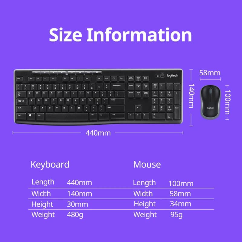 مجموعة Logitech MK270، لوحة مفاتيح وفأرة لاسلكية، مناسبة للكمبيوتر المحمول، لوحة مفاتيح مكتبية كاملة الحجم مع مستقبل 2.4G - 5