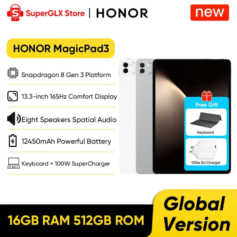 الإصدار العالمي لجهاز HONOR MagicPad 3 اللوحي بنظام أندرويد 2025 ومعالج Snapdragon 8 Gen 3 وشاشة IPS LCD مقاس 13.3 بوصة بمعدل تحديث 165 هرتز وبطارية 12450 مللي أمبير في الساعة وشحن فائق السرعة 100 واط
