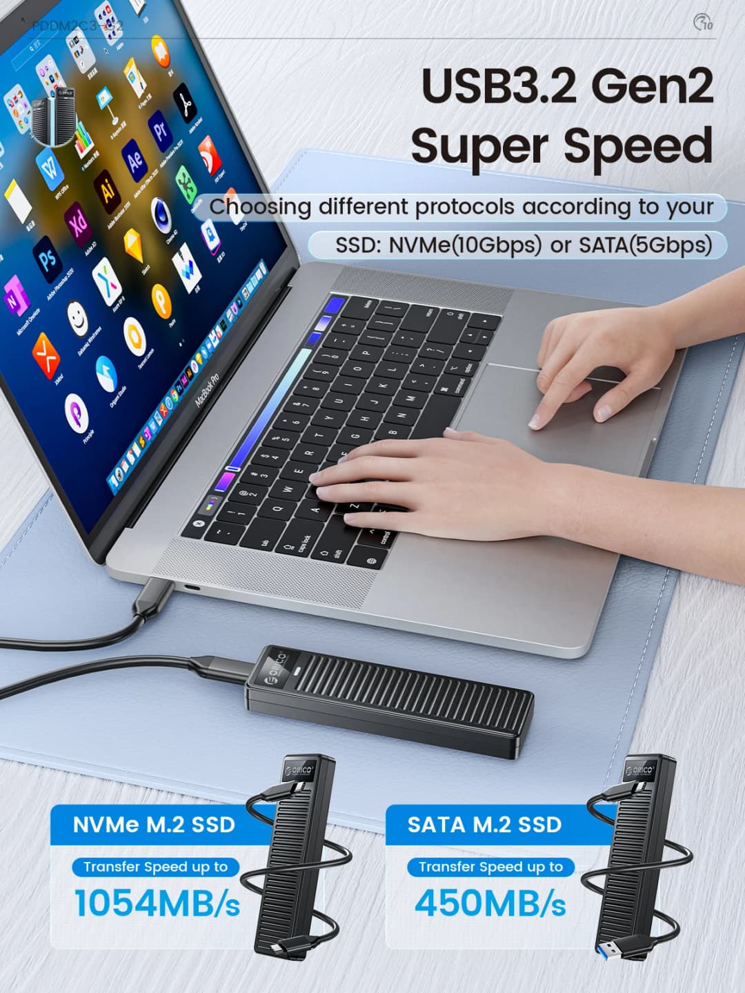 ORICO M.2 NVMe SSD Enclosure 10Gbps USB 3.2 Gen2 Case Box Simple Design Tool-free Support UASP for NVMe SATA SSD Gamers - 2