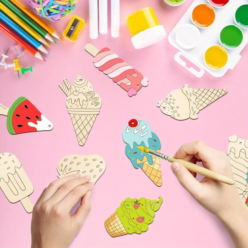 8/16/24Pcs/Pack Wooden Ice Cream Ornaments Multi Ice Cream Crafts for Kids Summer Party Decorations DIY Painting Gifts Supplies - 3
