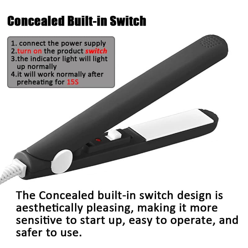 Electric Ceramic Mini Hair Straightener Unisex Portable Flat Iron Wet/Dry Straightening Curling Irons Black FastHeat Hair Curler - 5