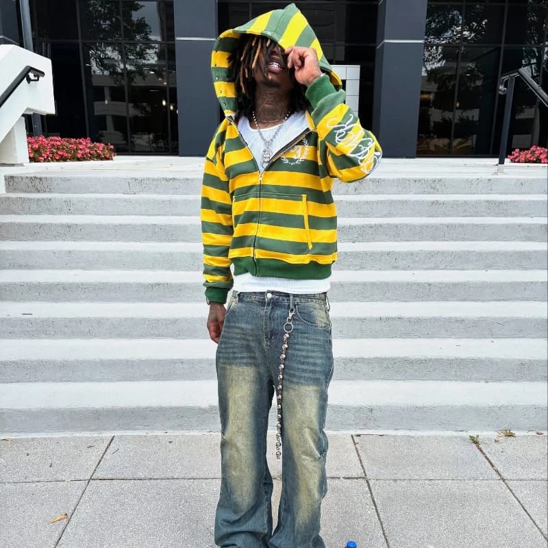 هودي Y2K Street Kid بسحاب وخطوط وتطريز ريفيت بلوز رجال جديد موضة هيب هوب ملابس الشارع للجنسين ملابس مربعة - 5