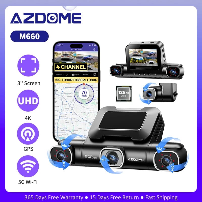 AZDOME M660 مسجل فيديو رقمي للسيارات 4 قنوات 360 °   كاميرا داش أمامية وخلفية داخل 128G EMMC WIFI GPS كاميرا داش للسيارات 2.5K +