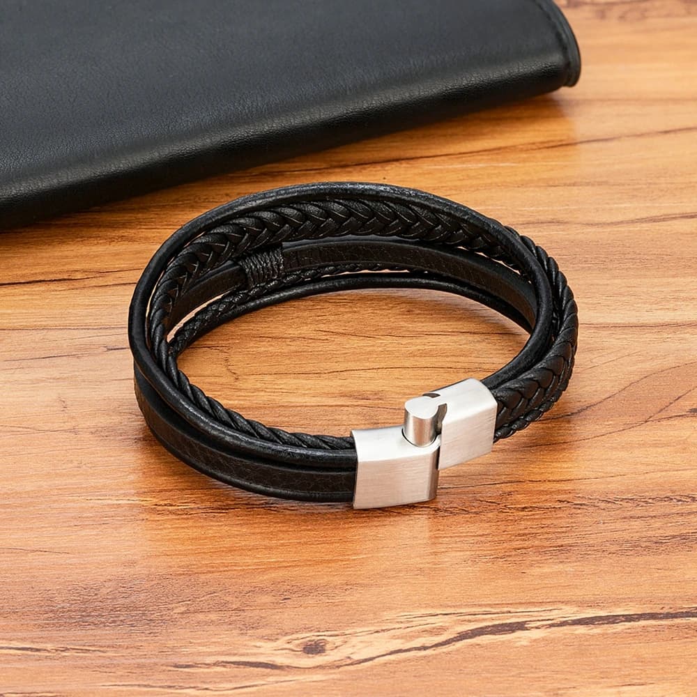 XQNI Luxury Fashion Hand-Woven Leather Bracelet Multilayer Men's Bangles Stainless Steel Magnetic Buckle Party Jewelry Gift - 3