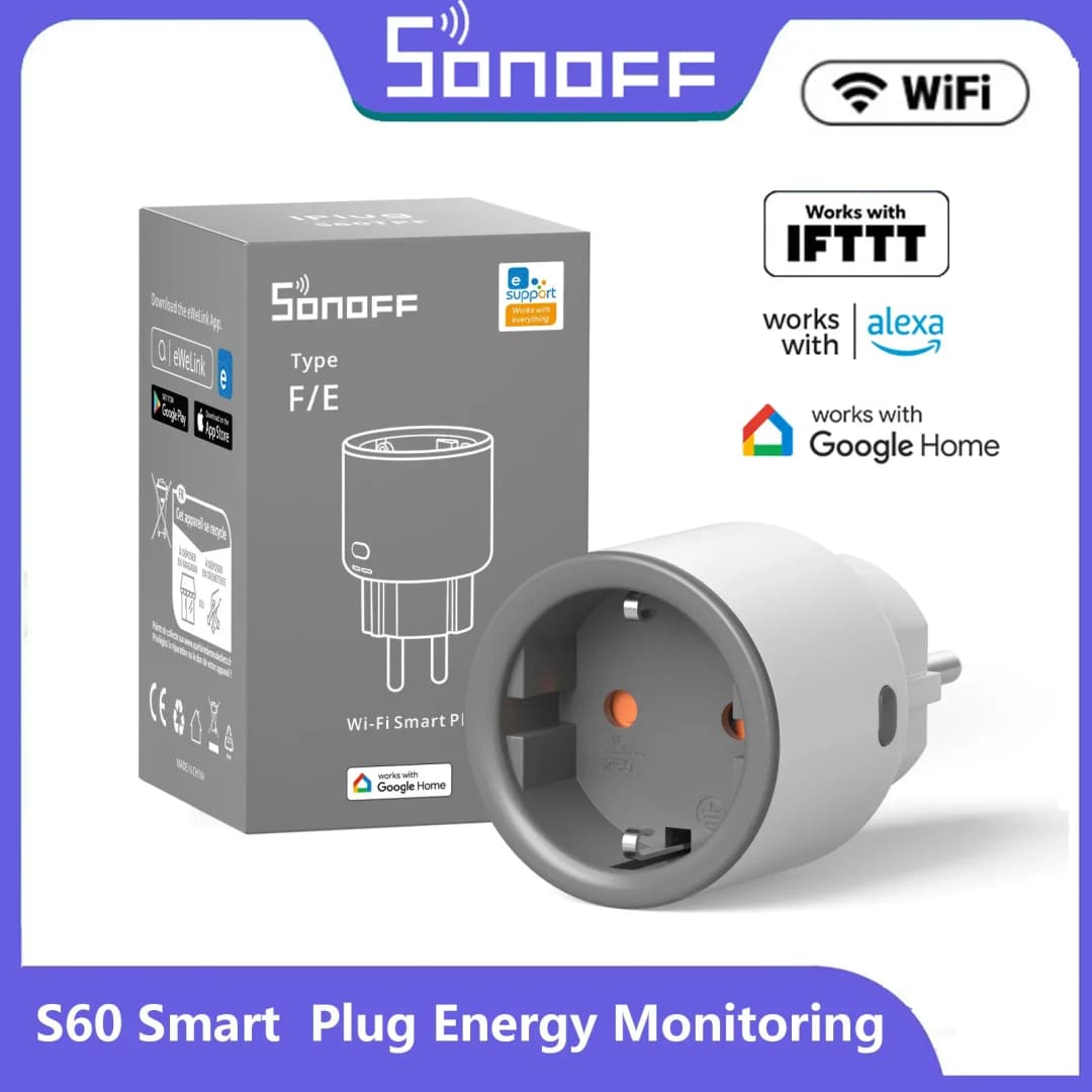 SONOFF S60 EU SONOFF مقبس واي فاي مقبس ذكي واي فاي حماية من التحميل الزائد مؤقت مشهد ذكي تحكم عن بعد عبر EWeLink Home IFTTT