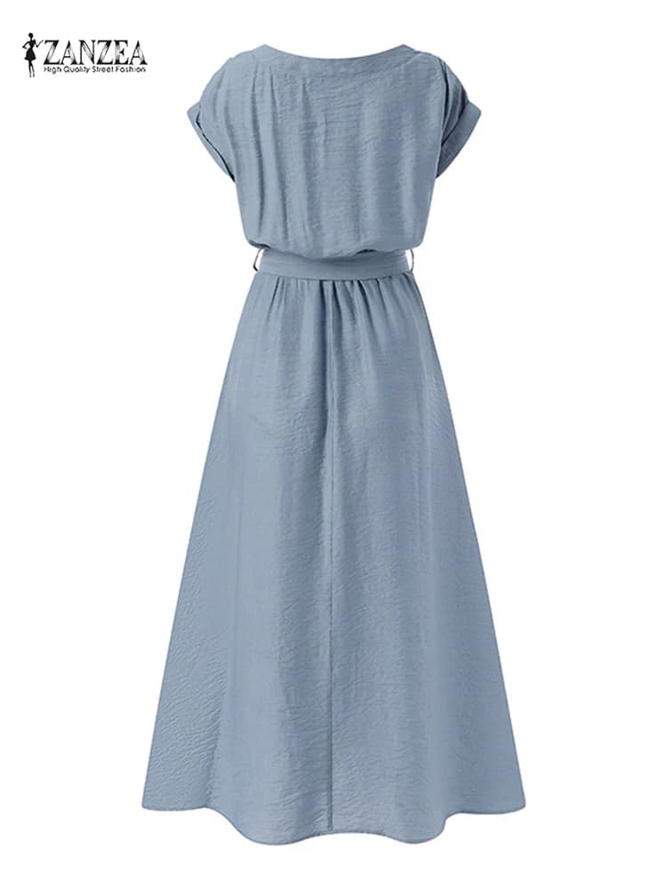 فستان ZANZEA نسائي عصري بأكمام قصيرة صيف أنيق فستان حفلات كاجوال فستان شمسي بطول منتصف الساق فستان كافتان فينتاج - 5