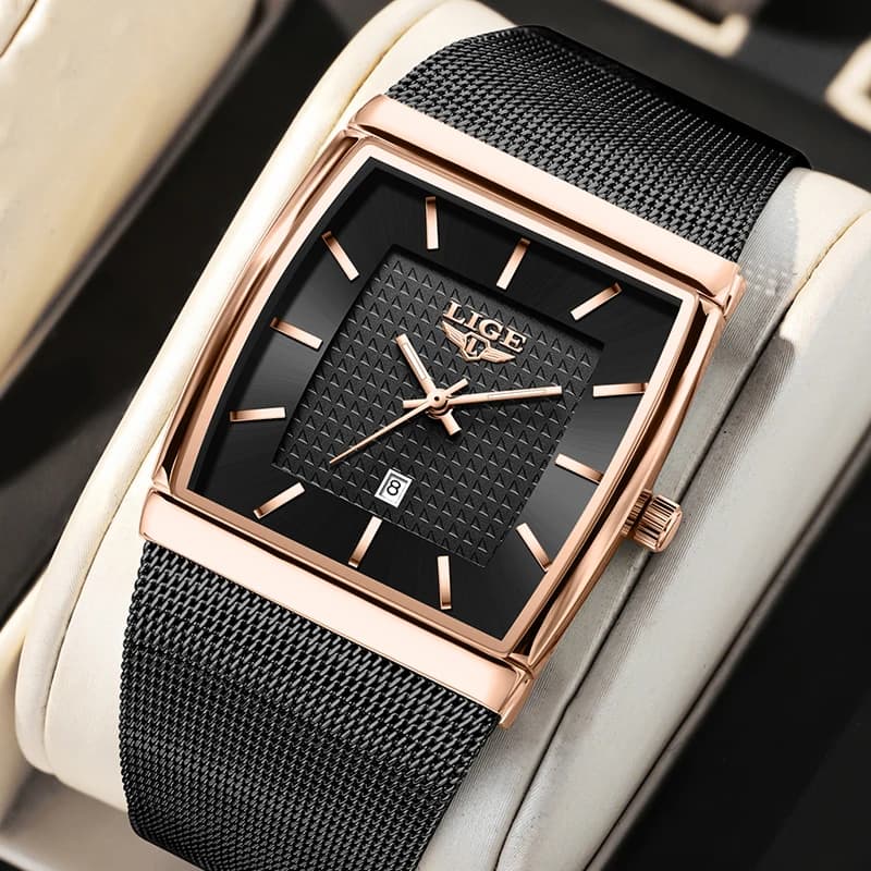 LIGE New Luxury Square Watch For Men Fashion Business Rose Gold Ultra Thin Mesh Waterproof Luminous Men's Quartz Wristwatches - 6