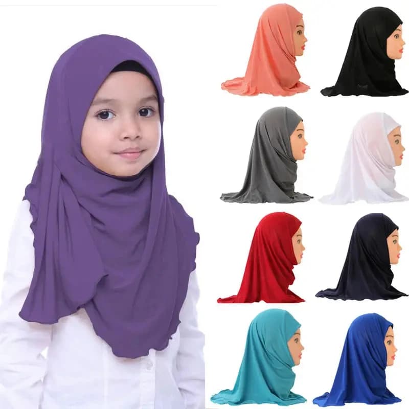 Solid Color Children Hijabs Muslim Girls Kids Hijab Islamic Scarf Shawls Soft Stretch for 2 to 7 Years Old Girls Turban 50cm