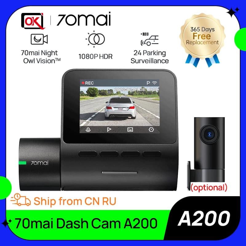 70mai كاميرا سيارة A200 تسجيل مزدوج القناة 1080P HDR شاشة 2'' IPS مراقبة وقوف السيارات 24 ساعة مسجل سيارة 70mai A200 زاوية رؤية 130°