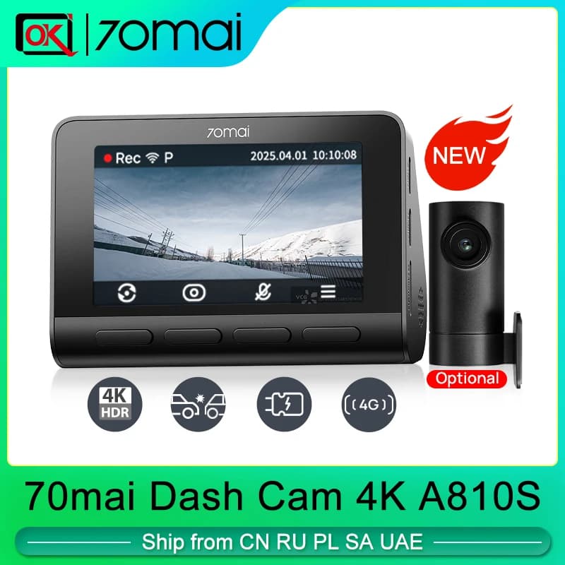 70mai كاميرا سيارة 4K A810S كشف حركة مع GPS وADAS وSTARVIS2 HDR رؤية ثنائية القناة تسجيل انتظار 24 ساعة زاوية رؤية 150 درجة