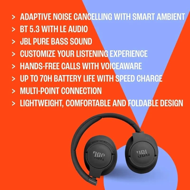 سماعات رأس لاسلكية أصلية JBL Tune 770NC، إلغاء ضوضاء تكيفي، محيط ذكي، بلوتوث 5.3، شحن سريع أصلي وشائع - 6