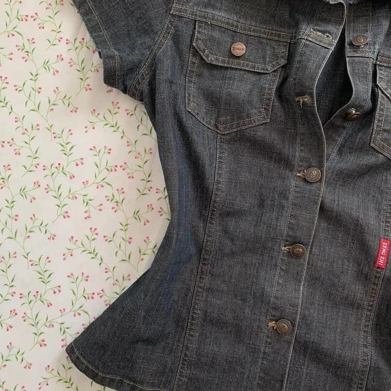 قميص نسائي دنيم بأكمام قصيرة، موضة هاراجوكو الأمريكية الرجعية، ماركة شهيرة، كاجوال، ضيق، موضة الشارع 2025 - 4