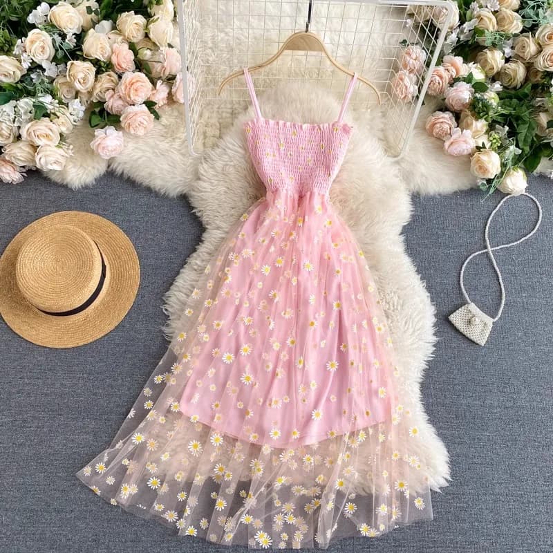 Women Dress 2026 New Summer Fashion Fairy Mesh Party Dress Korean Pop Floral Print Vacation Beach Dress Streetwear Sundress - 5
