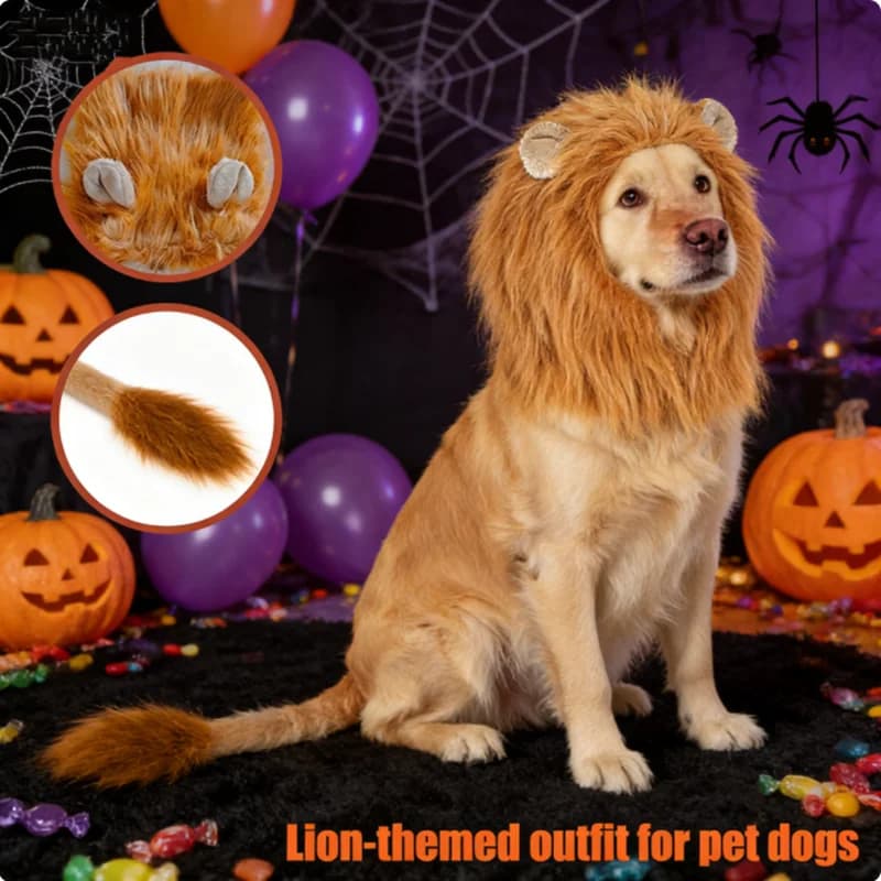 Realistic Lion Mane Wig for Dogs, Pet Cosplay Costume with Ear Holes, Adjustable Fit for Medium Large Dogs, Fun Pet Accessory