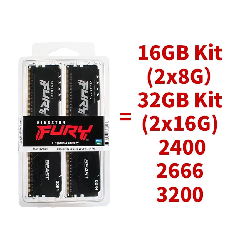 ذاكرة رام Kingston BEAST DDR4 بتردد 3200 ميجاهرتز و2666 ميجاهرتز و3600 ميجاهرتز و2400 ميجاهرتز، سعات 8 جيجابايت و16 جيجابايت و4 جيجابايت، ذاكرة سطح مكتب للألعاب PC4-25600 وPC4-19200، 288Pin DIMM DDR4 RAM - 5