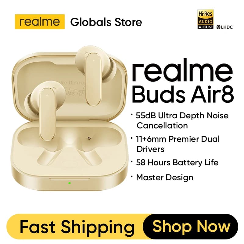 سماعات realme Buds Air8 TWS اللاسلكية 11+6 ملم مشغلات ثنائية رئيسية إلغاء ضوضاء 55dB حتى 58 ساعة تشغيل IP55 بلوتوث 5.4