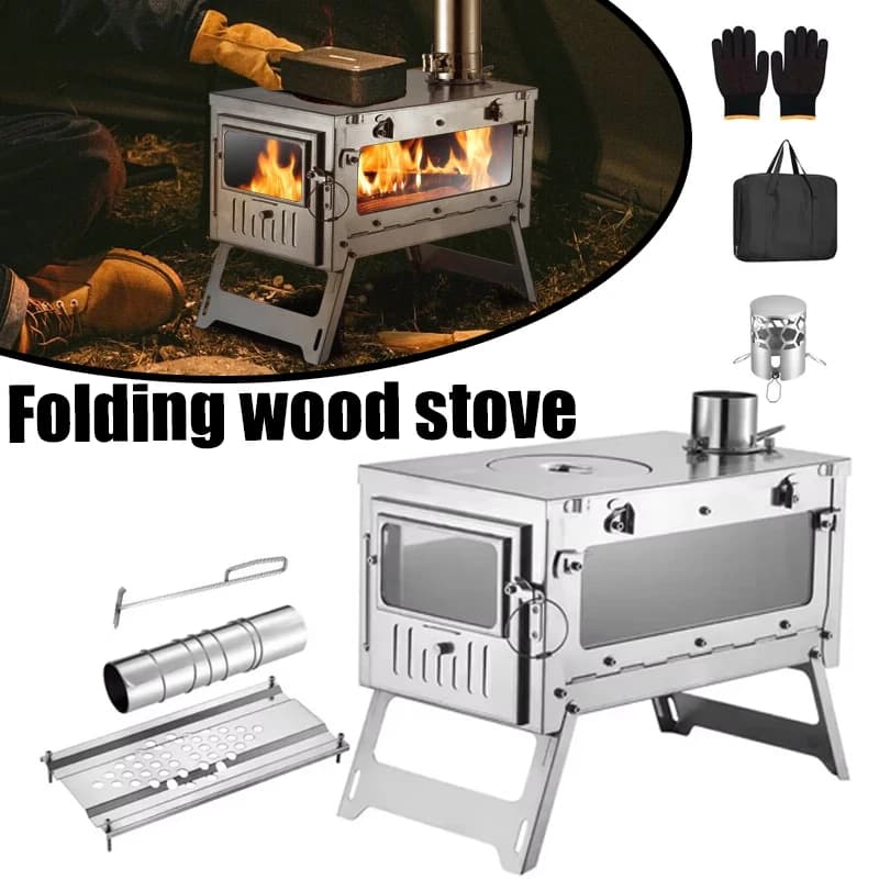 430 الفولاذ المقاوم للصدأ المحمولة خيمة موقد طوي مع الجانب الزجاج مدخنة الموقد التخييم موقد الخشب التدفئة الطبخ شواء