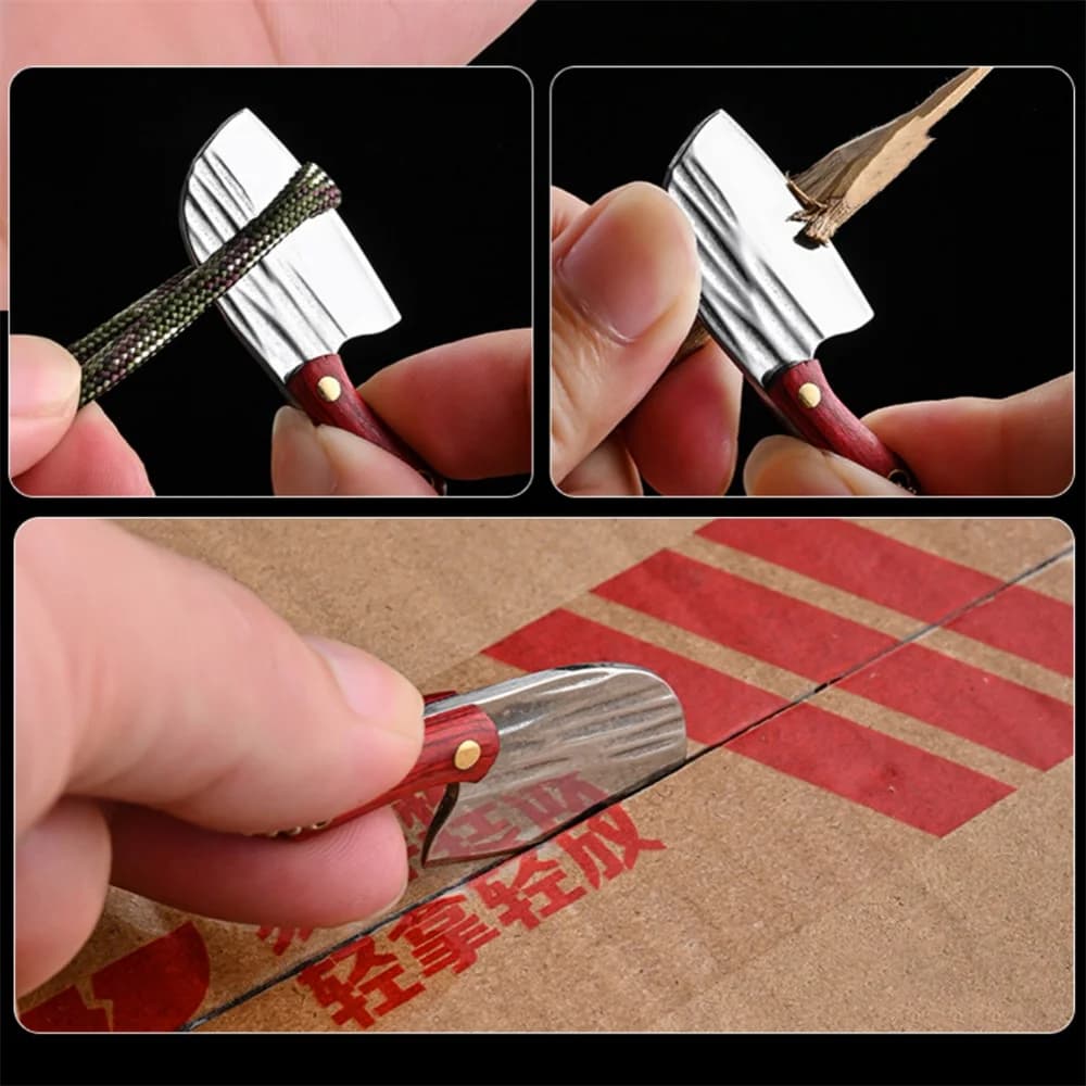 سكين مطبخ صغير محمول، قلادة مفاتيح، حافظة جلدية، مقبض خشبي، فولاذ مقاوم للصدأ، أداة قطع خارجية - 5