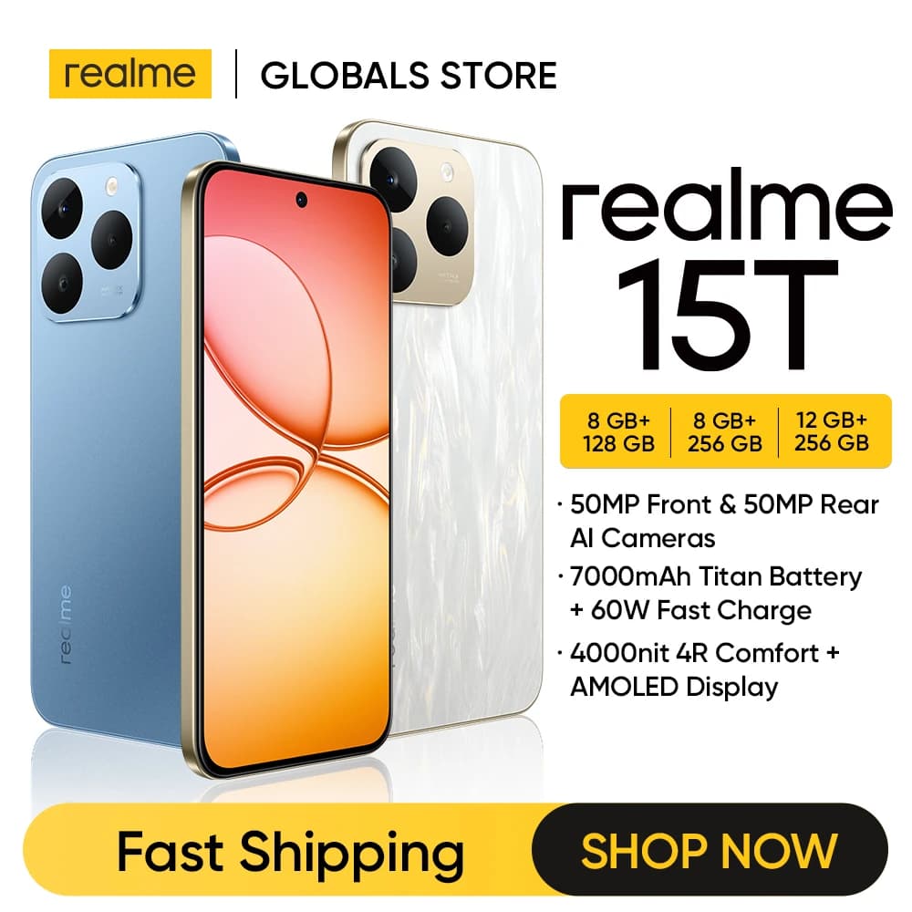 realme 15T 5G Smartphone NFC Dimensity 6400 Max Chipset Dual 50MP Cameras 6.57" 120Hz AMOLED Display 7000mAh Battery 60W Charge
