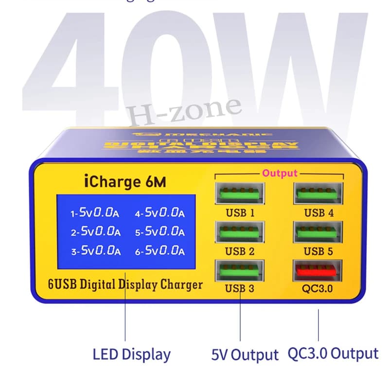 ميكانيكي iCharge 6M USB 6-port شاحن شحن سريع شاشة ديجيتال ذكية متعددة المنافذ مسامية آيفون شاومي الهاتف المحمول اللوحي - 6