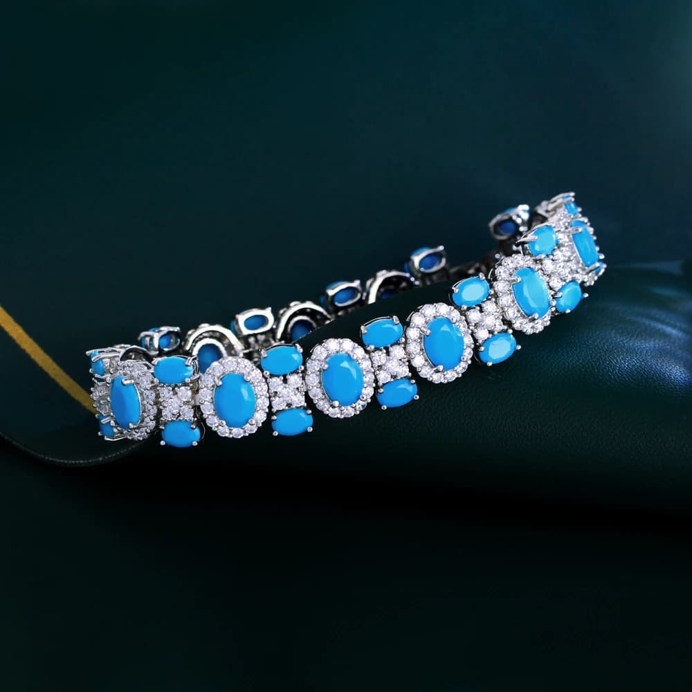 ThreeGraces 2024 New Luxury Blue Turquoise Geometric Link Chain Bracelet for Women Bohemian Wedding Bridal Party Jewelry BR404 - 3