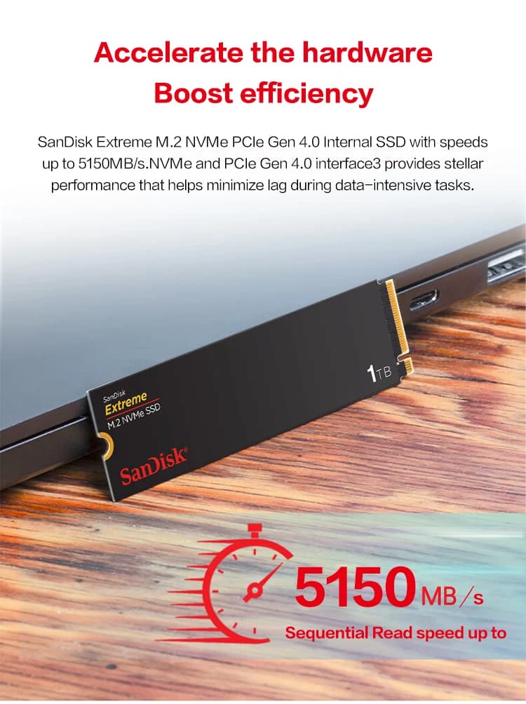 SanDisk Extreme M.2 2280 NVMe PCIe Gen 4.0 SSD سرعة قراءة تصل إلى 5150 ميجابايت/ثانية 2 تيرابايت 1 تيرابايت 500 جيجابايت محرك أقراص صلبة داخلي لأجهزة الكمبيوتر المحمولة - 4