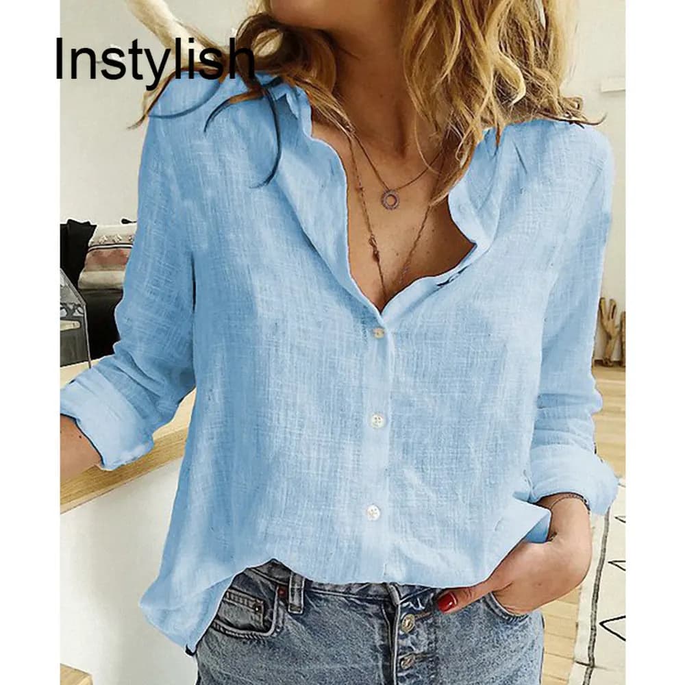 Women Casual Long Sleeve Cotton Linen Loose Shirt Elegant Solid Harajuku Lapel Blouse Vintage Oversize Tops Y2K Streetwear Tunic - 3