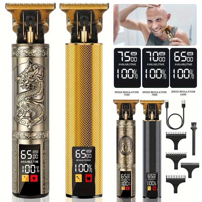مجموعة ماكينة قص الشعر الاحترافية العتيقة وأدوات قص الشعر اللاسلكية القابلة لإعادة الشحن للرجال، ماكينة تشذيب اللحية مع