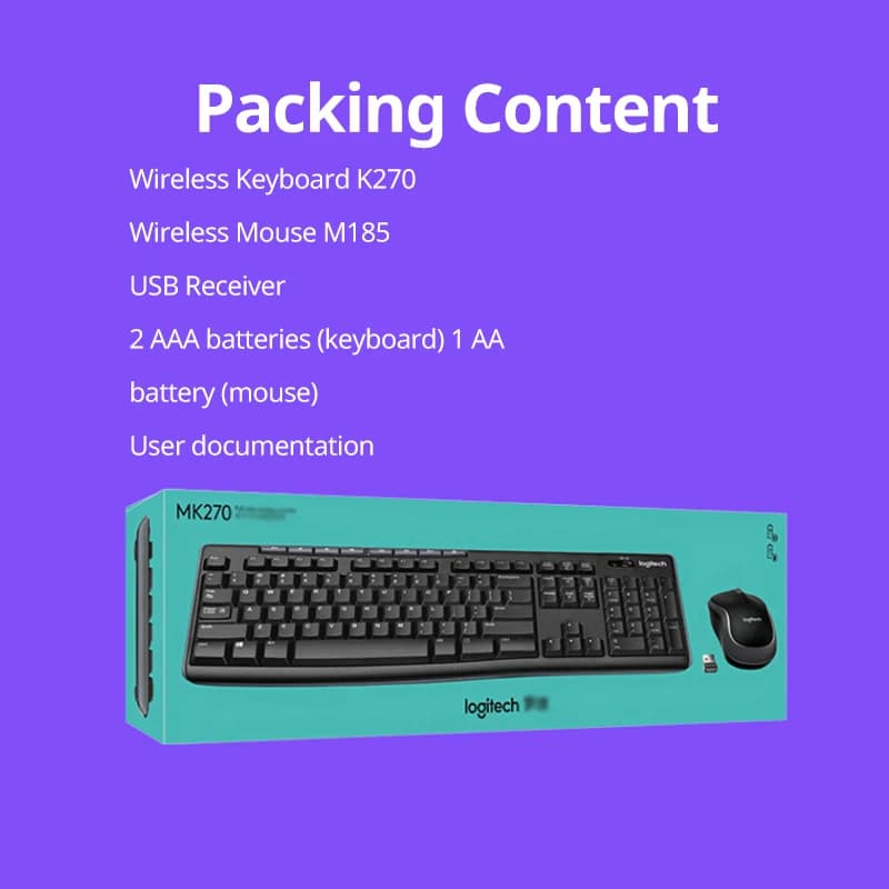 مجموعة Logitech MK270، لوحة مفاتيح وفأرة لاسلكية، مناسبة للكمبيوتر المحمول، لوحة مفاتيح مكتبية كاملة الحجم مع مستقبل 2.4G - 6