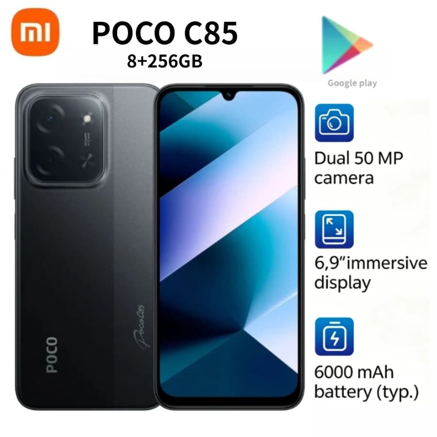 هاتف POCO C85 الإصدار العالمي، طراز 2026، ذاكرة 8 جيجابايت + 256 جيجابايت، شاشة HD كبيرة 6.9 بوصة، بطارية 5000 مللي أمبير تدوم طويلاً، شريحتين