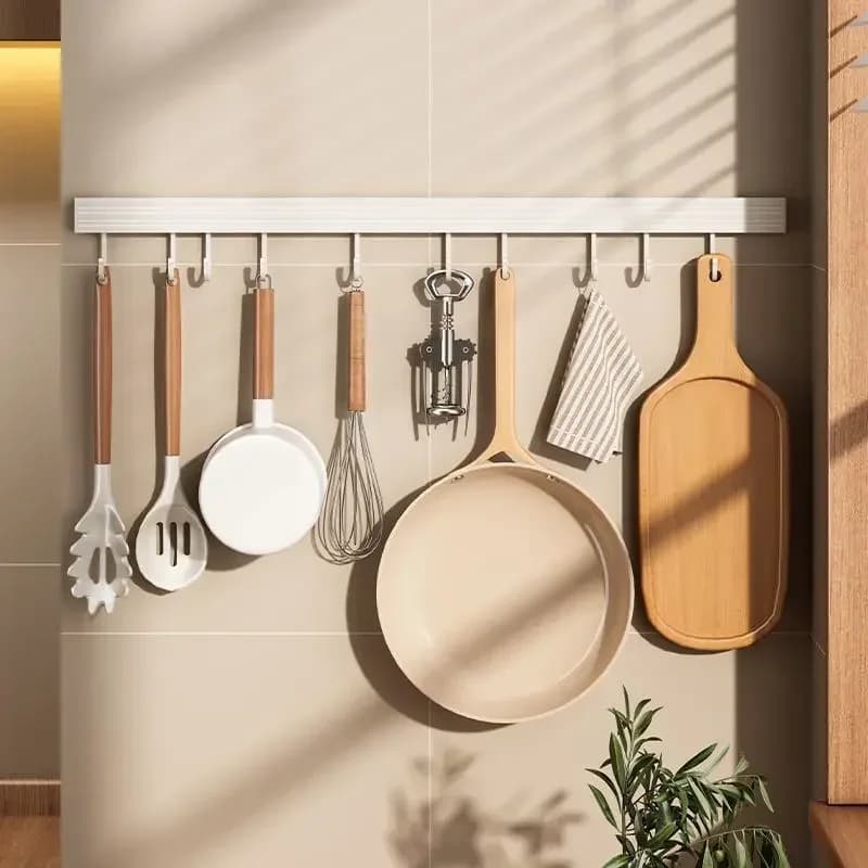 Wall Mounted Kitchen Storage Rack No Punch Shelves with Movable Hook Spoon Holder Organizer Kitchen Utensil Accessories - 2