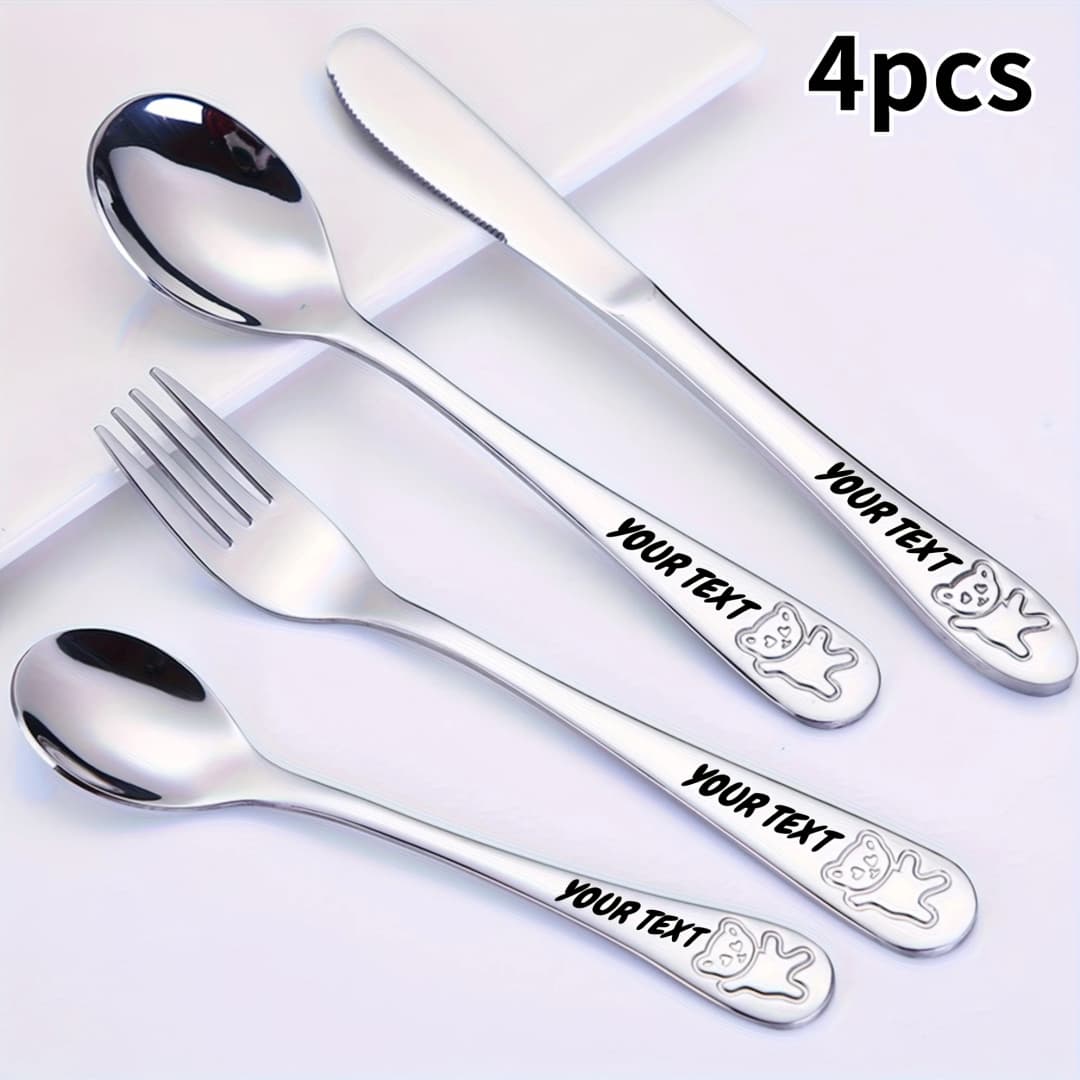 4pc Customizable Name 304 Stainless Steel Flatware Set with Cute Bear Design Personalized Text Include Knife Fork Spoon Teaspoon