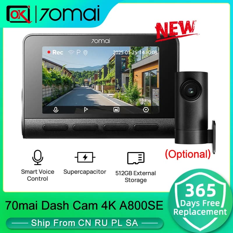 70mai كاميرا سيارة 4K A800SE UHD 30 إطار/ثانية HDR دعم ثنائي القناة مراقبة انتظار 24 ساعة سوبر كاباسيتور Wifi 6 تحكم صوتي