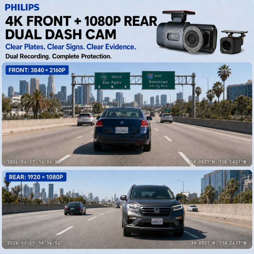 كاميرا سيارة PHILIPS Dash Cam B01 بدقة 4K+1K HDR مزدوجة أمامية وخلفية واي فاي 2.4GHz و5GHz GPS مراقبة الوقوف 24 ساعة مسجل فيديو - 2