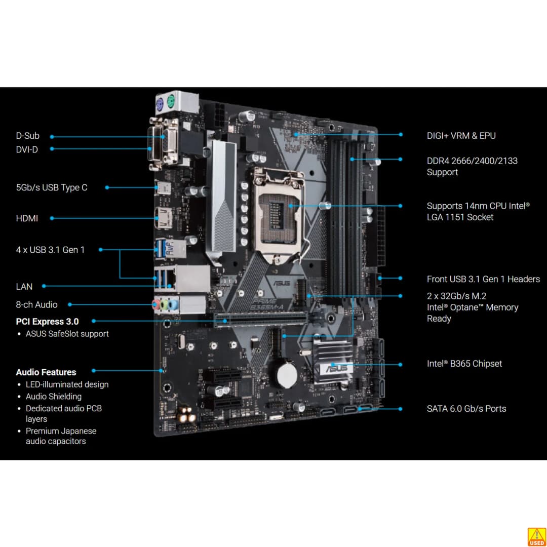 لوحة أم ASUS PRIME B365M-A بمقبس LGA1151 ومعالج من الجيل التاسع والثامن وذاكرة DDR4 بسرعات 2666/2400/2133 وشريحة B365 - 2