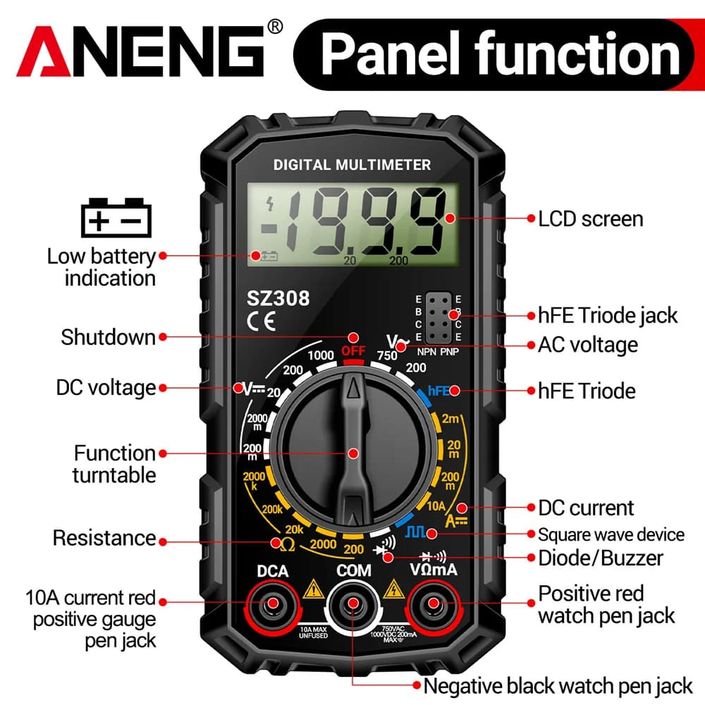 ANENG SZ308 1999 Count Digital Multimeter AC/DC High-Precision Multi-function Voltage Current Resistance Multimeter Tester Tools - 6
