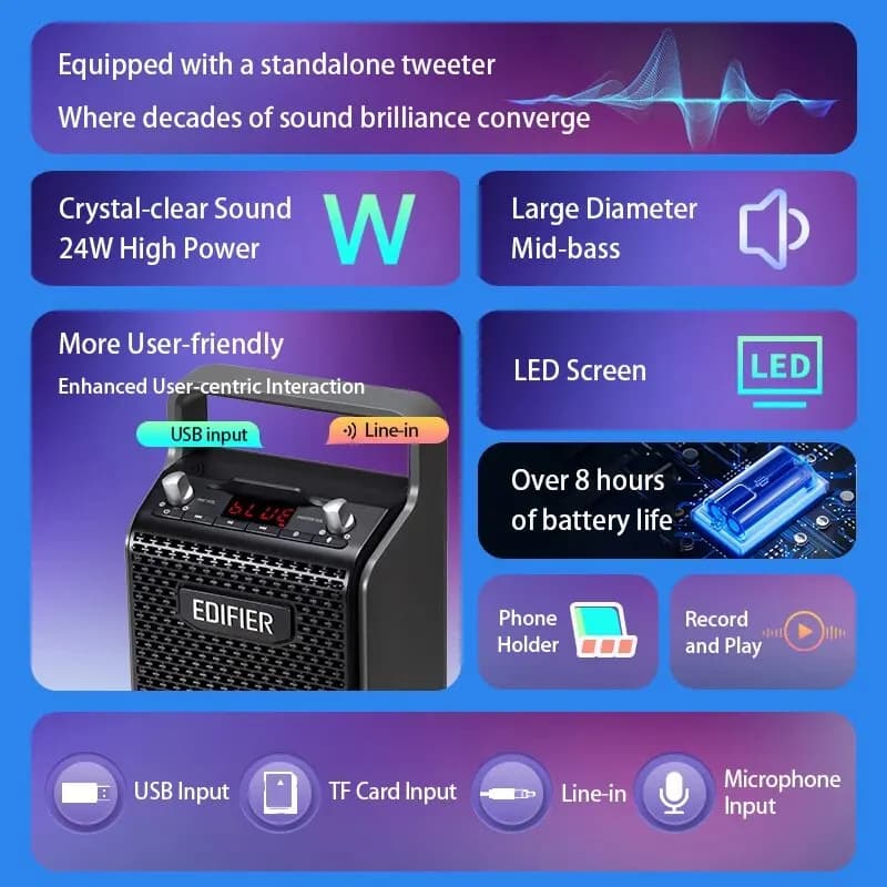 سماعة بلوتوث محمولة خارجية Edifier PP205، مدخلات USB وبطاقة TF، تشغيل لمدة 8 ساعات، دعم ميكروفون سلكي، سماعة كاريوكي - 3