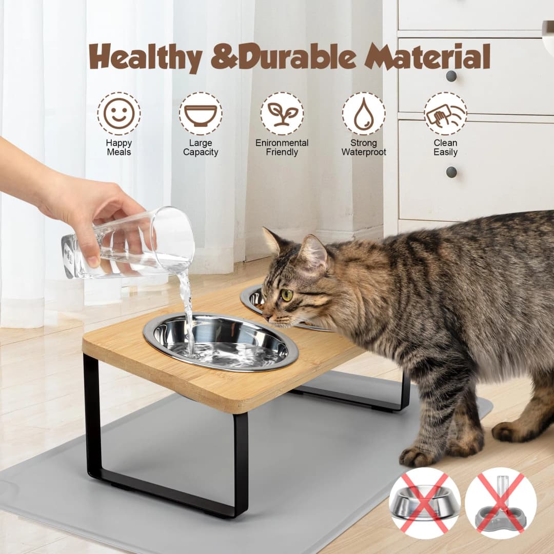 Elevated Cat Bowls with Food Mat 15° Tilted Stand Raised Cat Dishes for Food and Water Feeder 2 Stainless Steel Bowls for Cats - 4