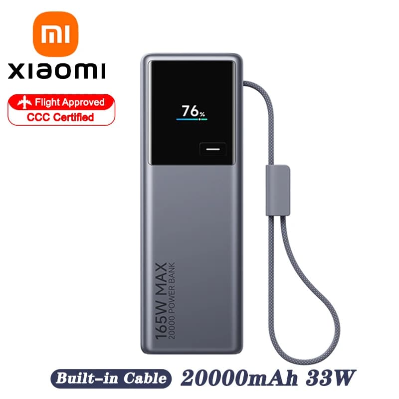 XIAOMI Power Bank 20000mAh 165W MAX Built-in Cable,Screen Display,Fast Charging PowerBank for Macbook For iphone 17 16 15 pro