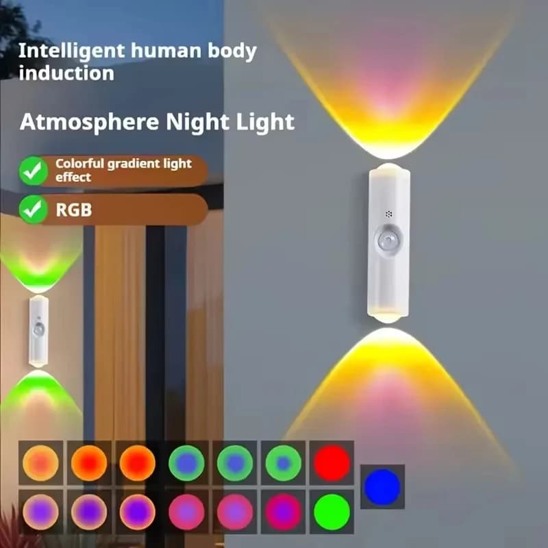 إضاءة ليلية LED مصباح جداري بغروب الشمس مزدوج الرأس مستشعر حركة إضاءة محيطة RGB مغناطيسي قابل للشحن عبر USB لحفلات الممرات والخزائن