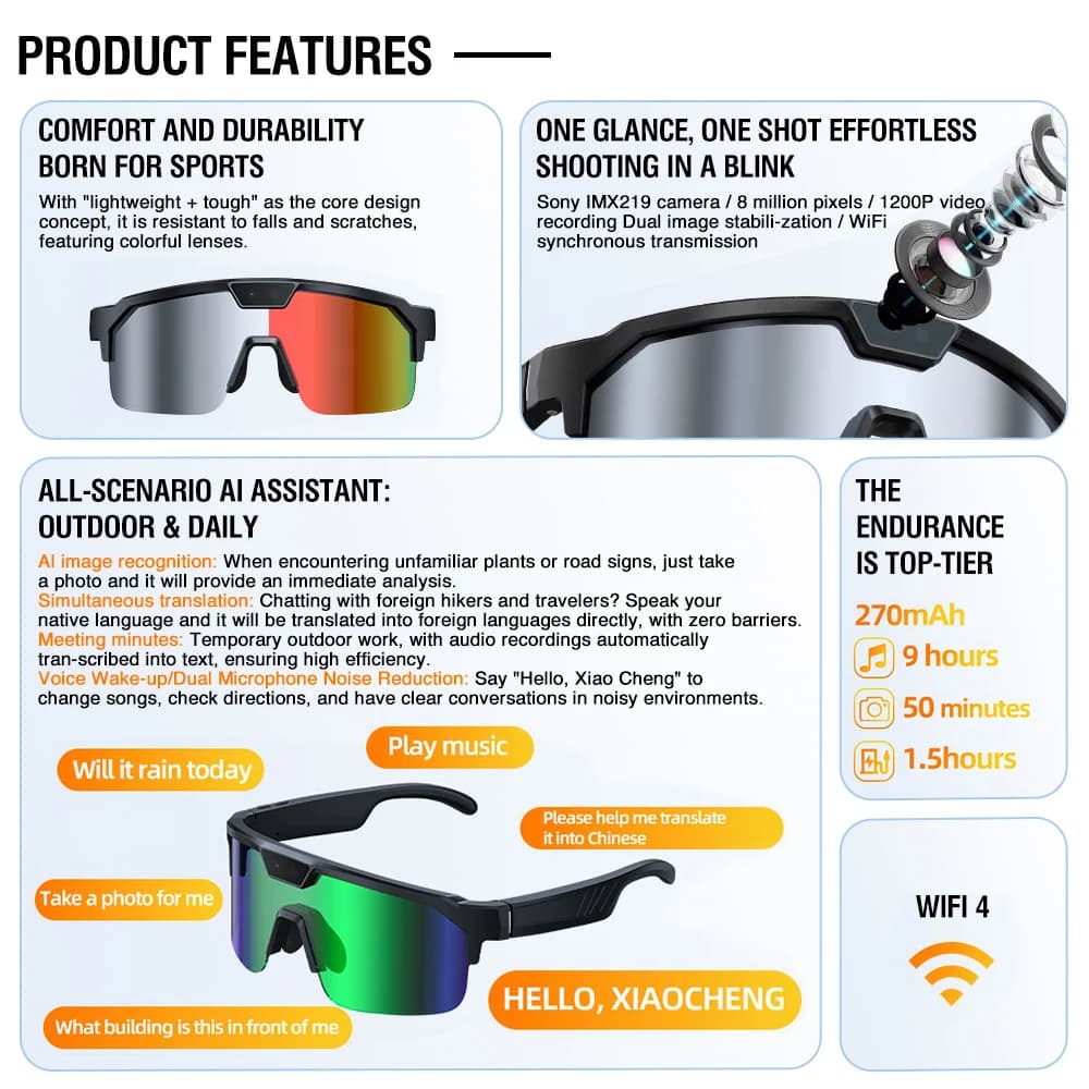Zeblaze AI Sports Camera Glasses 800W Camera Photo Video Recording Smart Translation Glasses Call and Message Hands-Free - 3