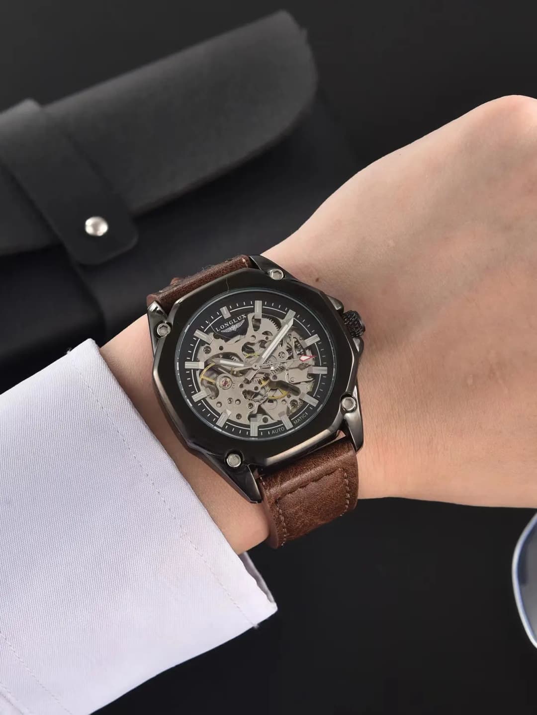 لونجلوكس ساعة أوتوماتيكية رياضية ساعات معصم ميكانيكية بالجملة موضة جلدية مجوفة ساعة رجالية هدية للرجال - 3
