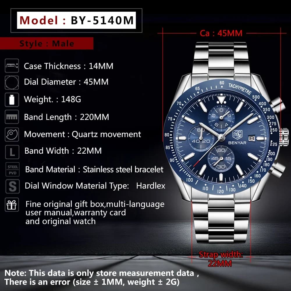 ساعة رجالية فاخرة من BENYAR، ساعة كوارتز مقاومة للماء، مناسبة للأعمال والرياضة - 3