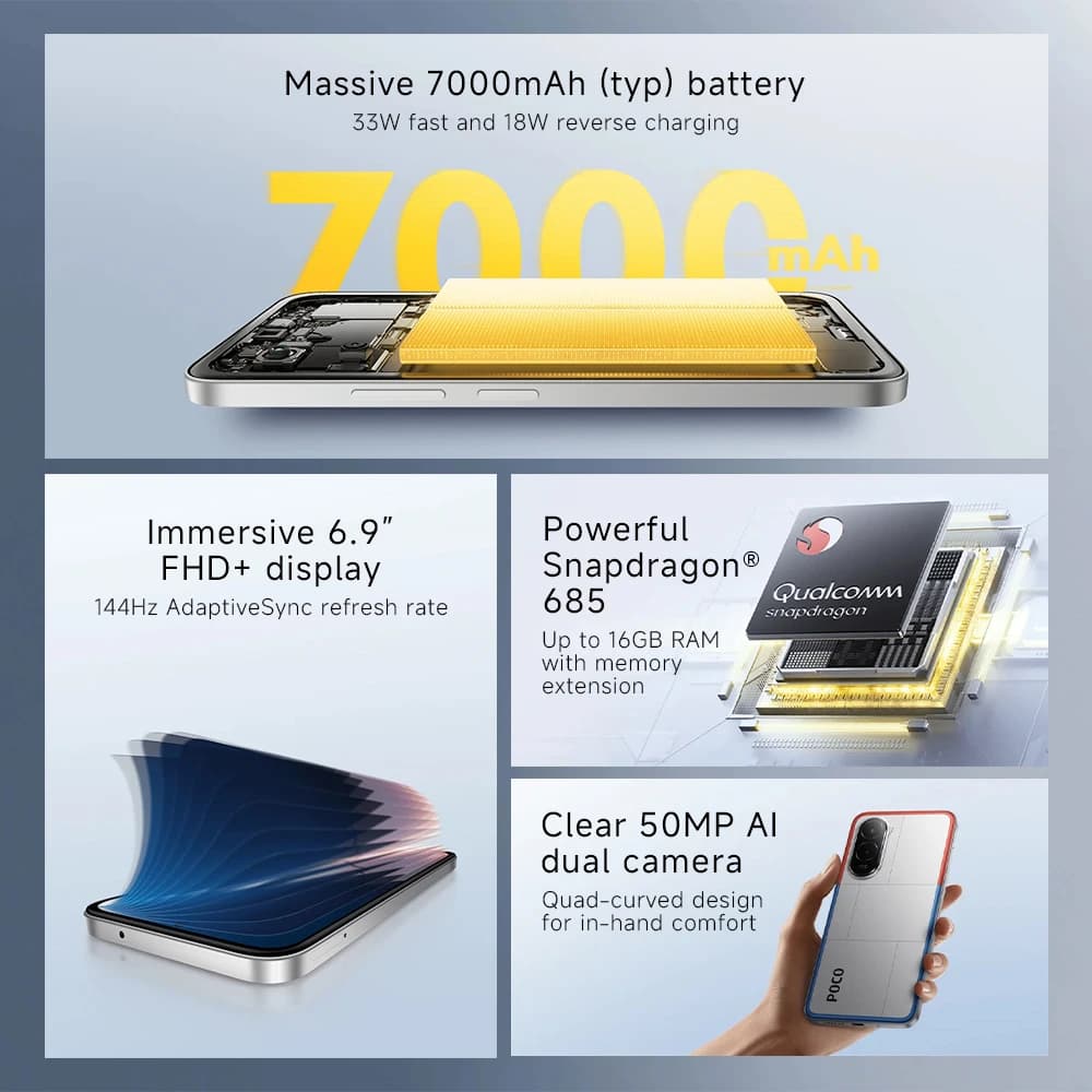 هاتف POCO M7 الأصلي نسخة عالمية معالج Snapdragon 685 شاشة 6.9 بوصة 144 هرتز FHD+ DotDisplay كاميرا 50 ميجابكسل بطارية 7000 مللي أمبير شحن سريع 33 واط NFC - 2